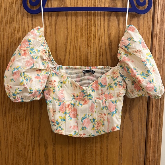 Zara Puff Sleeve Floral Printed Bustier Blouse - Picture 5 of 13